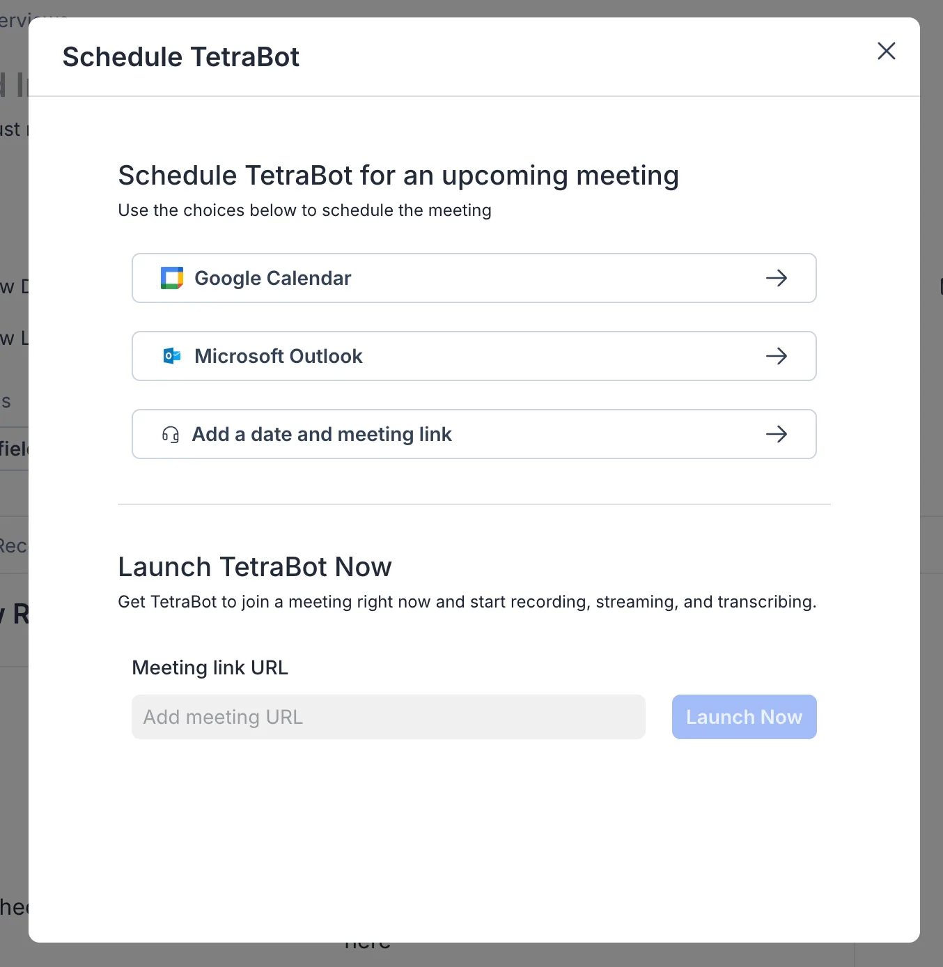 The Schedule TetraBot modal, showing calendar options above a Launch TetraBot Now section