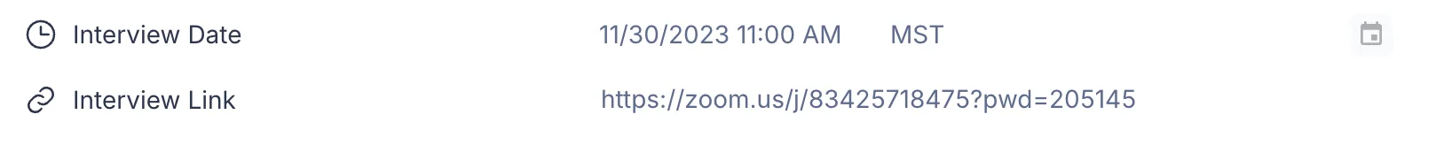 The Interview Date and Interview Link fixed fields, populated with a date and a meeting link