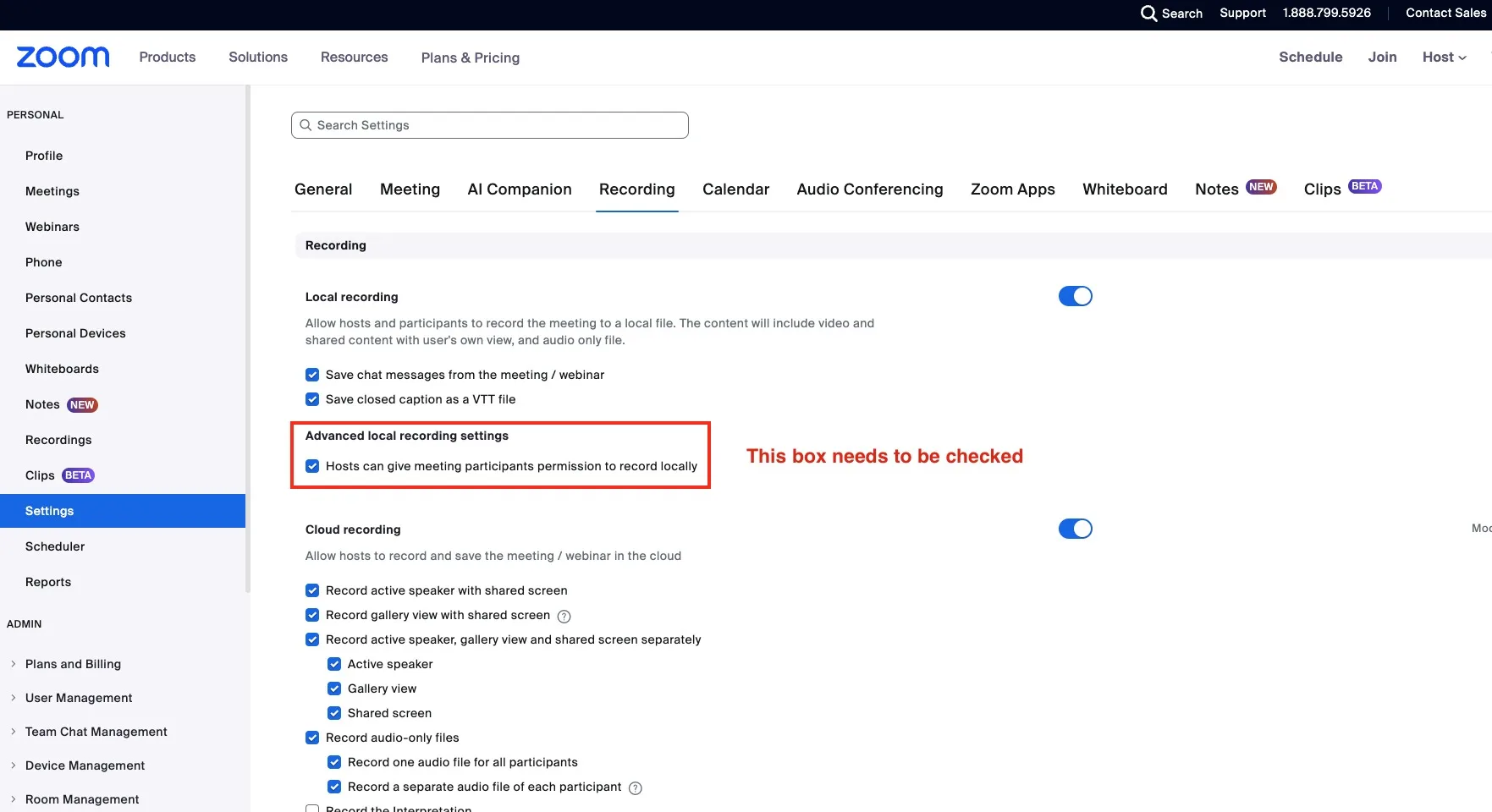 Zoom account settings with the Advanced local recording option checked and highlighted