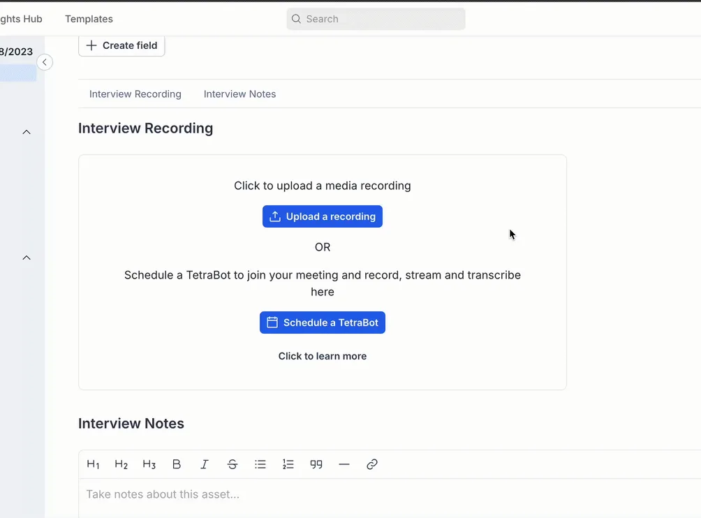 An interview scrolled to the Interview Recording section, with the Upload a recording and Schedule a TetraBot buttons
