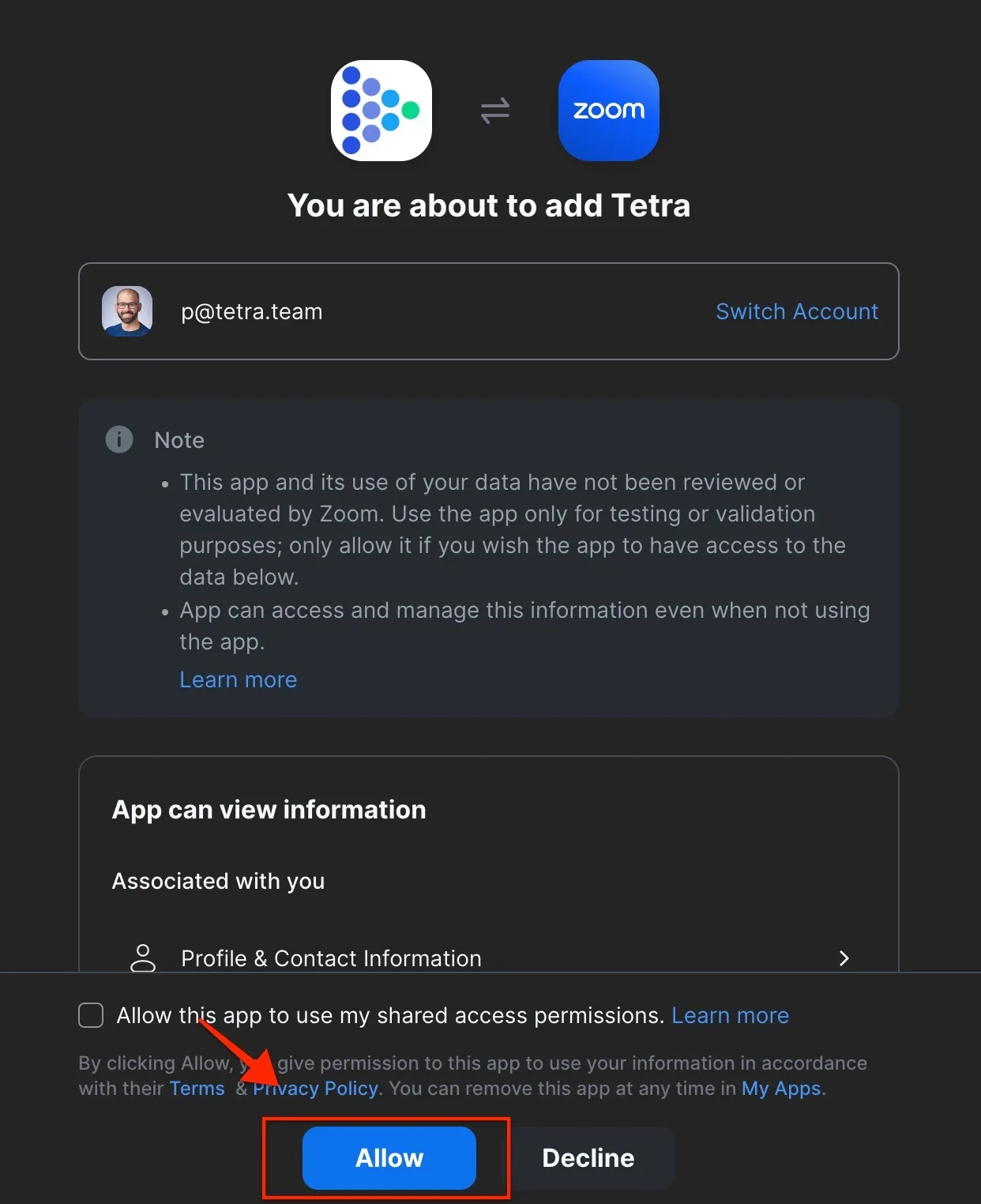 The Zoom authorization page, "You are about to add Tetra", with the Allow button highlighted