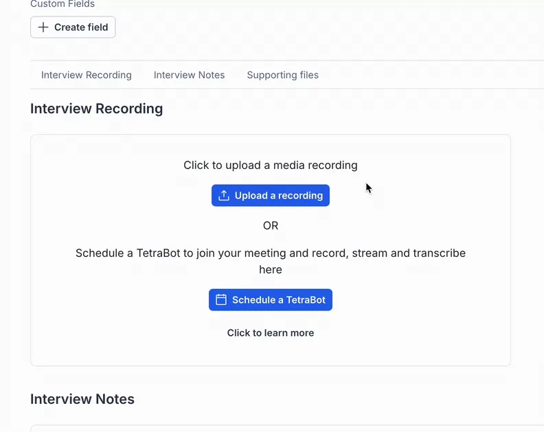 The Interview Recording section with the Upload a recording button, above the Interview Notes area