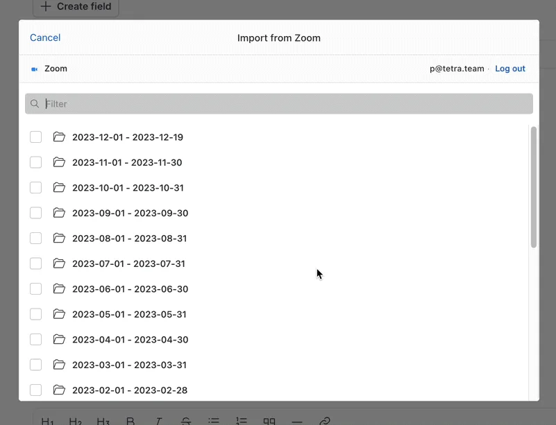 The Import from Zoom modal listing recordings grouped by month, with the Log out link in the header