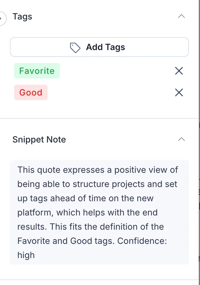 A snippet's Tags panel with the Favorite and Good tags applied, above a Snippet Note explaining why TetraBot chose them and rating its confidence as high