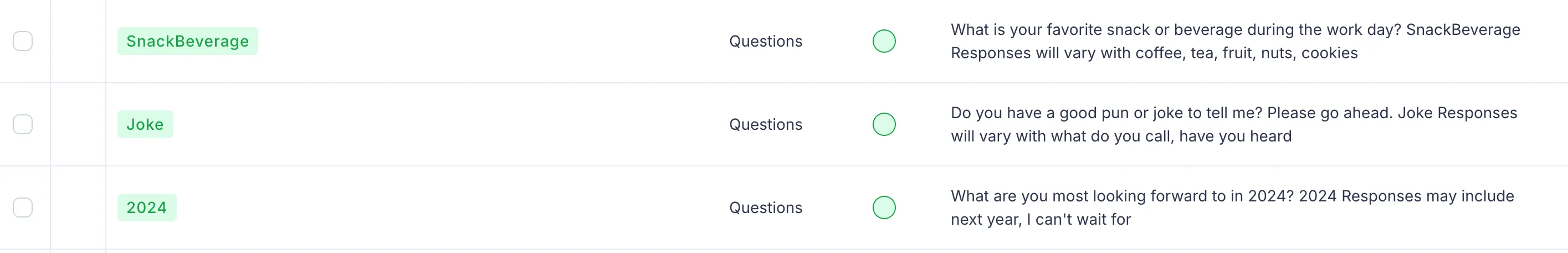 Question rows tagged SnackBeverage, Joke, and 2024, each showing the full question text alongside the kinds of responses to expect