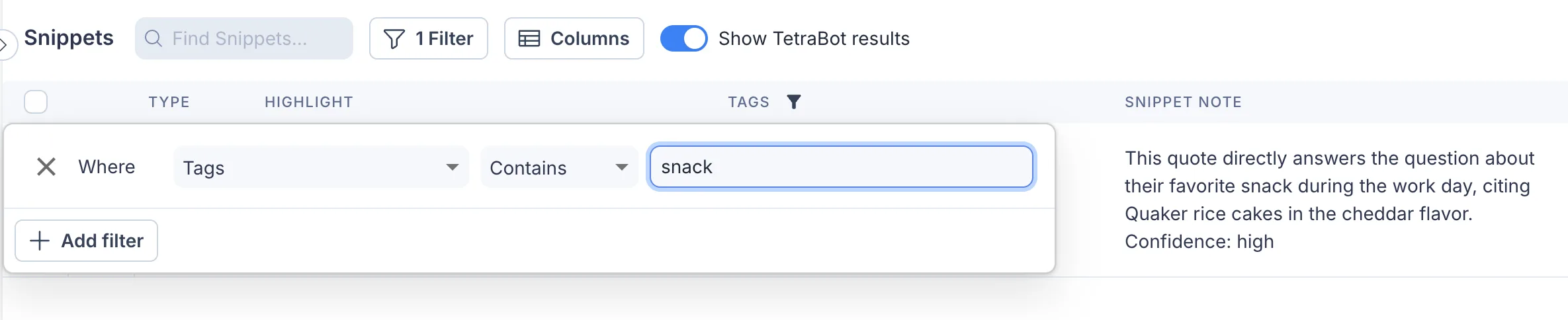 The Snippets page filter set to Where Tags Contains "snack", next to a snippet note citing Quaker rice cakes with high confidence