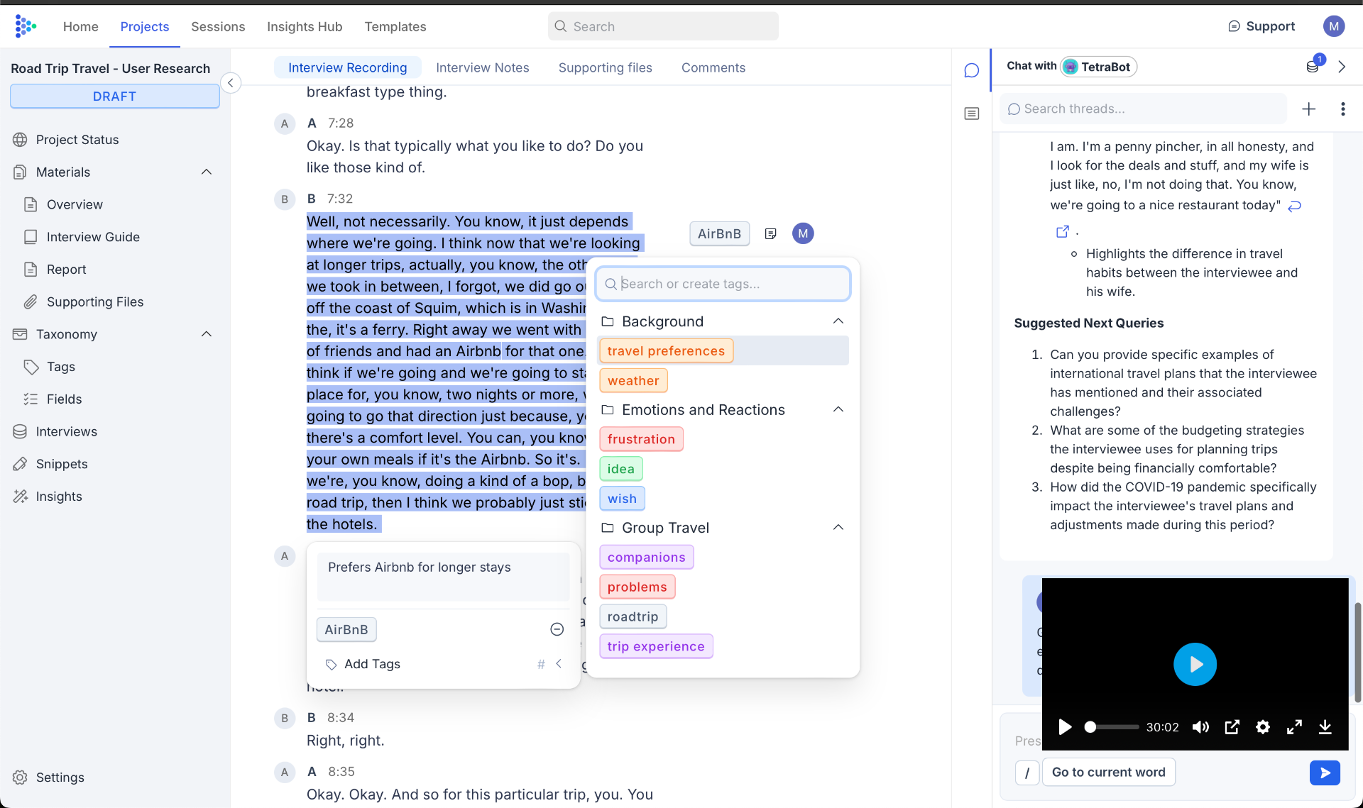 Tetra Insights platform interface showing interview recording and analysis features